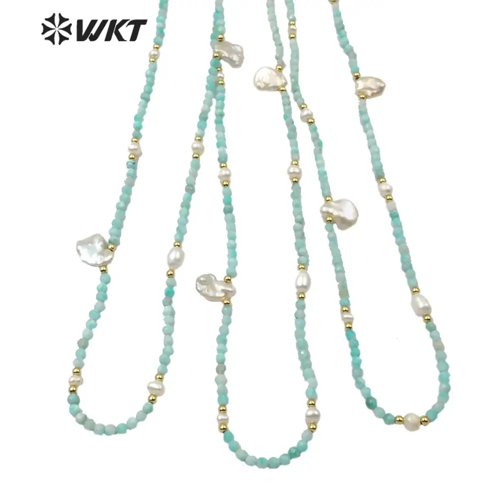 

WT-N1181 Natural Stone Necklace 3mm Amazonite Faceted Beads & Natural Pearl Gold Electroplated Beads Necklace 24 inches Necklace