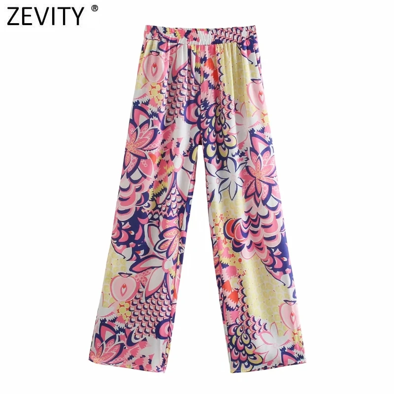 

Zevity 2021 Women Vintage Color Match Floral Printing Casual Wide Leg Pants Retro Female Chic Pockets Summer Long Trousers P1144