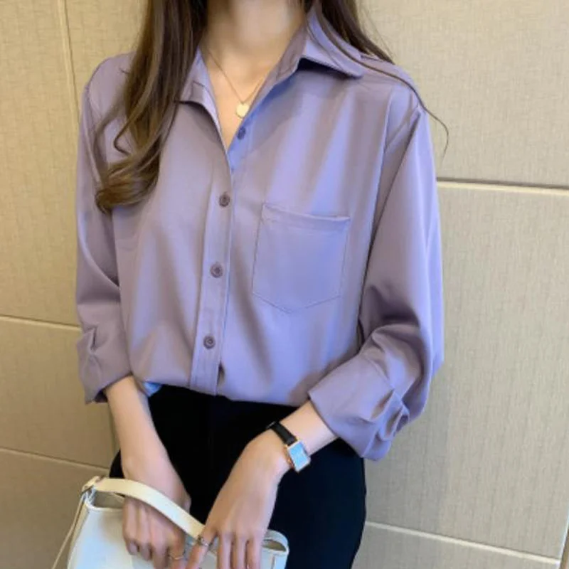 Womens Tops and Blouses 2021 Spring Long Sleeve Shirt Top Women OL Pocket Solid Color Shirt Blusas