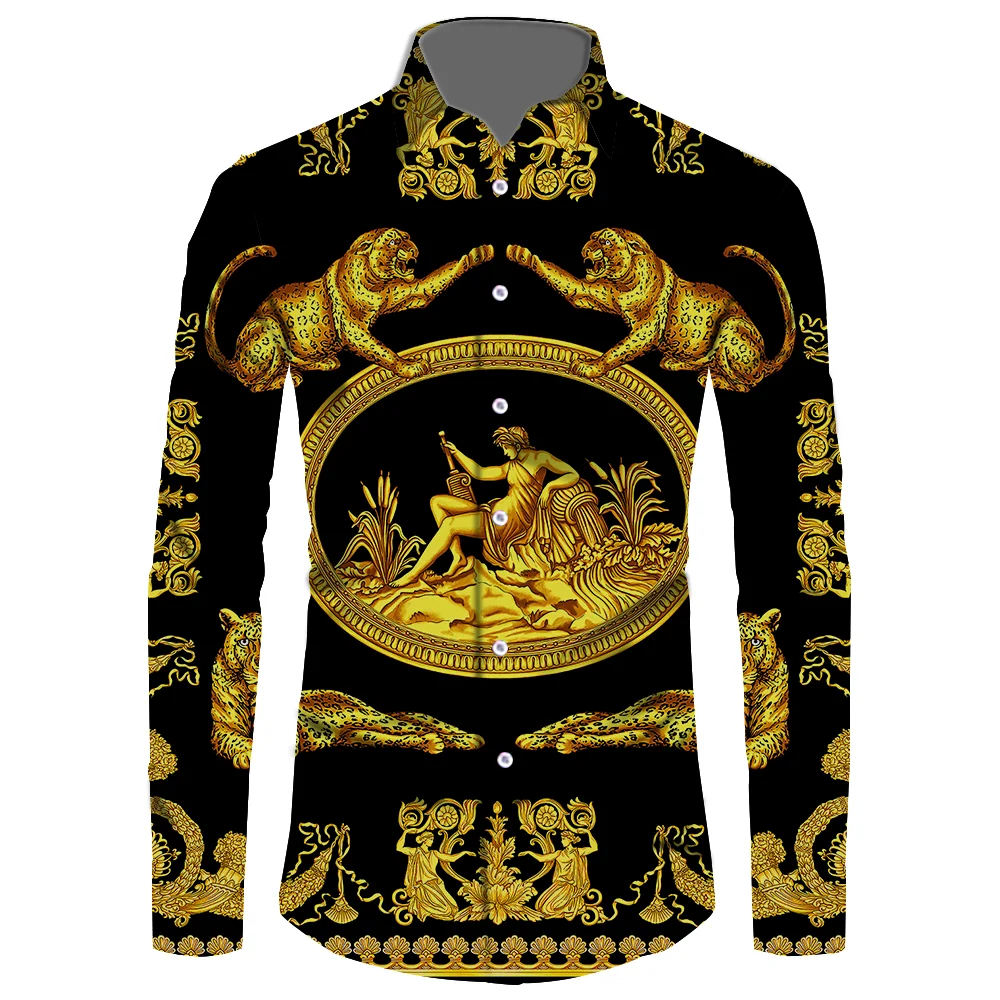 Factory Price Long Sleeve Shirts Men Top Black Gold Baroque Tees Rococo Printed Shirt Men Vintage Printed Shirts 6xl