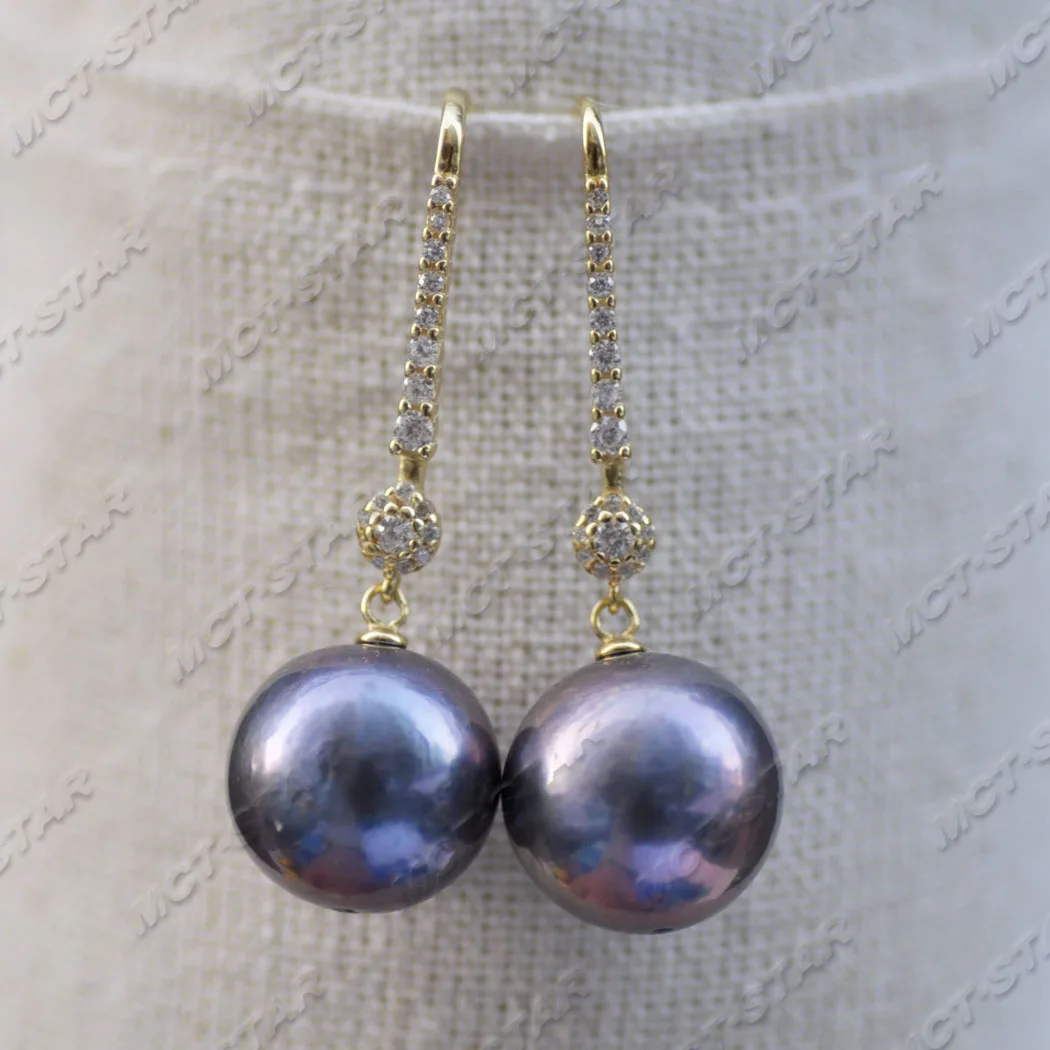 MTC·STAR  Z11738 A+ 14mm Black Round Edison Keshi Pearl Dangle Earring CZ