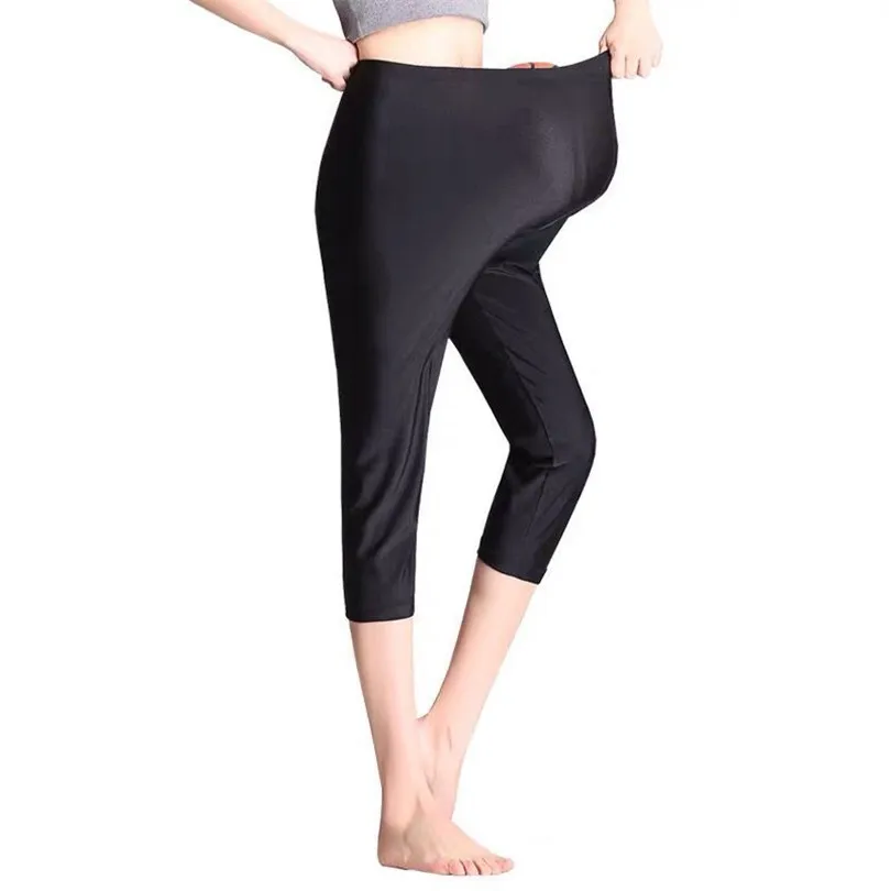 

LJCUIYAO Hot Selling Women Capris Solid Color Fluorescent Shiny Pant Leggings Summer Spandex Elasticity Casual Black Trousers