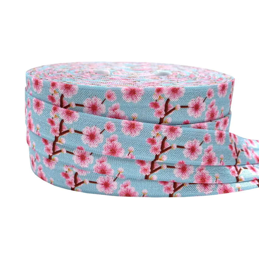 10Yards 16mm Plum blossom Lotus Print Flowers Fold oever Elastic bands for Handmade Craft headband Hair ties Hair Accessory