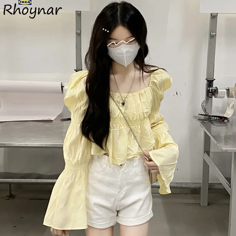 Blouse Women Design Flare Sleeve Cropped Ladies Tops Solid Trendy Folds Elegant Holiday Spring Newest Korean Version Soft Cozy