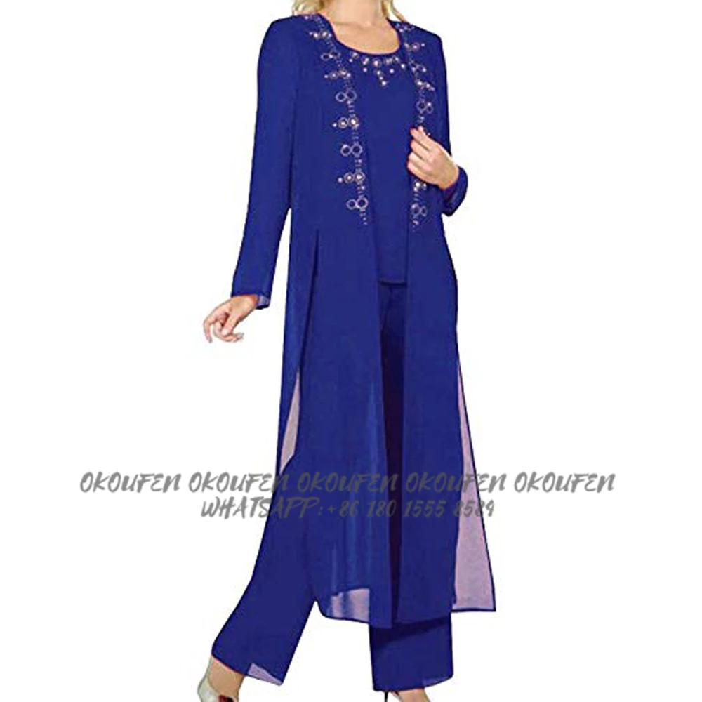 

Mother Of The Bride Dresses 2024 Pantsuit Royal Blue Ankle Length Long Jacket Beaded Chiffon Vintage Wedding Guest Gowns Vestido