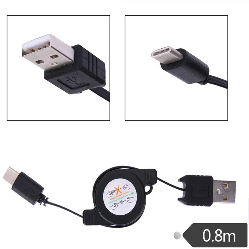 USB2.0 Male to USB 3.1 Type C Retractable Charger Charging Sync Data Cable 0.8m/80cm