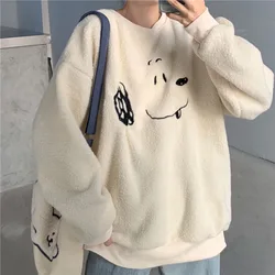 Sweet Winter New Arrivals Women Hoodie Sweatshirt Apricot Lamb Wool Embroidery Cute Puppy Female Loose Pullover