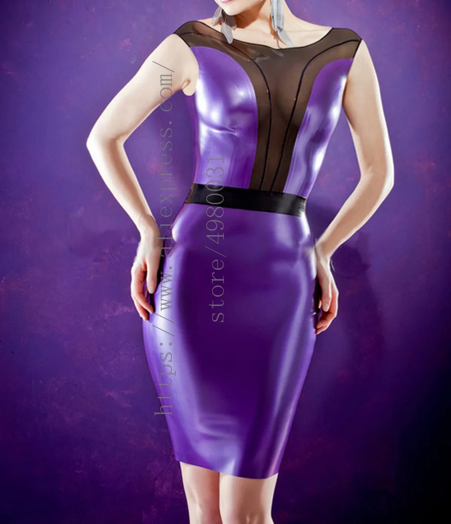 Made of 0.4mm thickness natural latex summer purple dress with back zipper to ass decorations