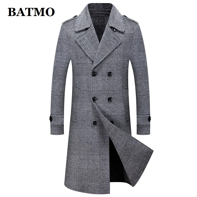 BATMO 2022 new arrvial high quality 80% wool Double Breasted plaid long trench coat men,jackets Overcoat 007