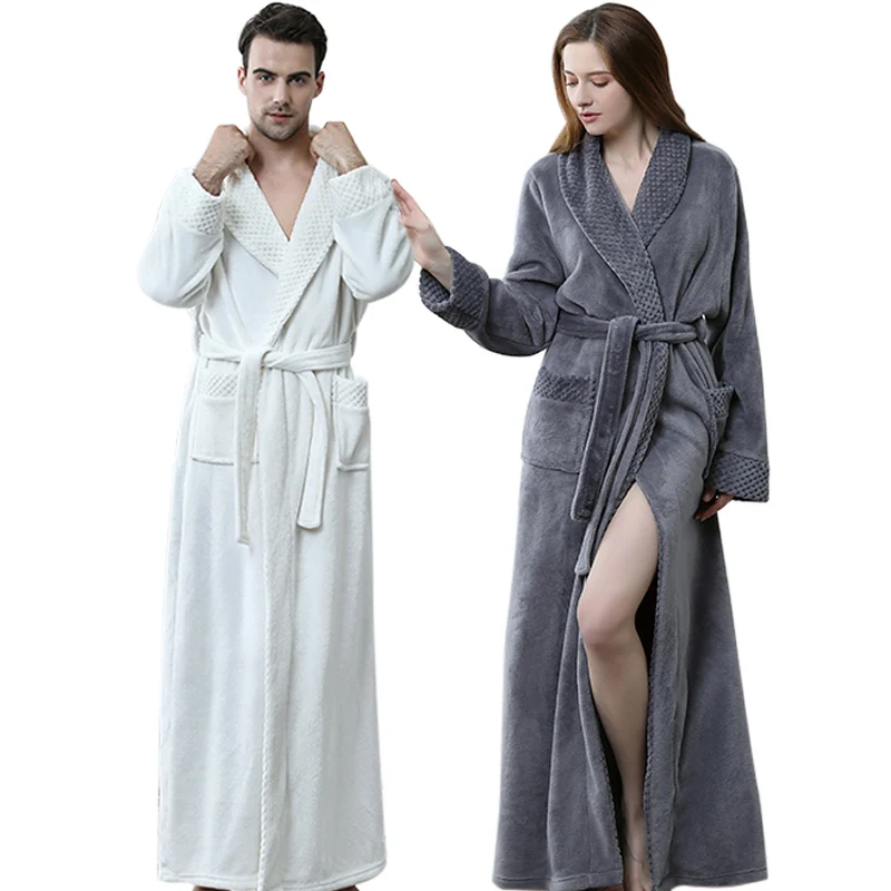 Women Extra Long Plus Size Winter Warm Coral Fleece Bathrobe Men Flannel Bath Robe Kimono Spa Bride Dressing Gown Cozy Sleepwear