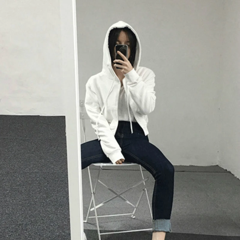 With Hat Hoodies Women Spring Crop Top Solid Zip-up Zippers Ins Simple Leisure Loose Womens Outwears Hooded Jogger Korean Daily