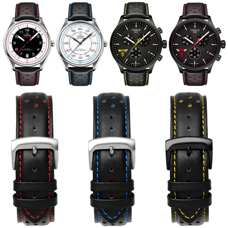 20 22mm Genuine Leather Watchband Charm Leather Bracelet Sport Watch Strap Mens Wristwatches Band Belts Black Blue Red Stitched