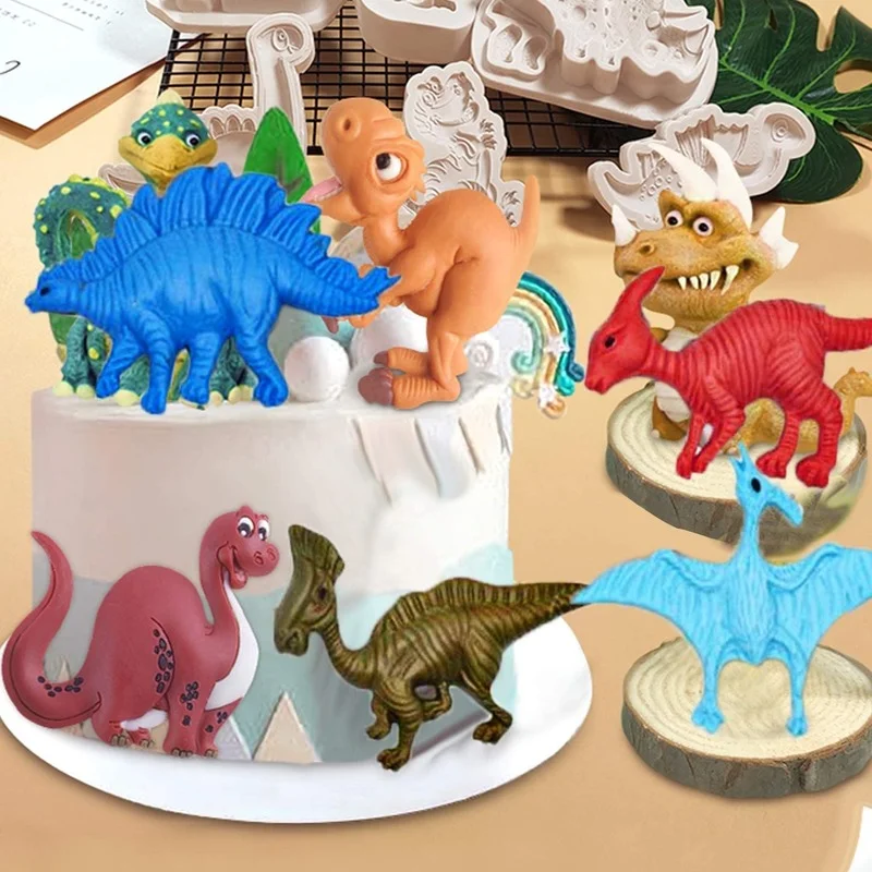 7pcs/set Cartoon Dinosaur Silicone Mold DIY Jewelry Ornaments Birthday Party Cake Decoration Clay Fondant Chocolate Mold