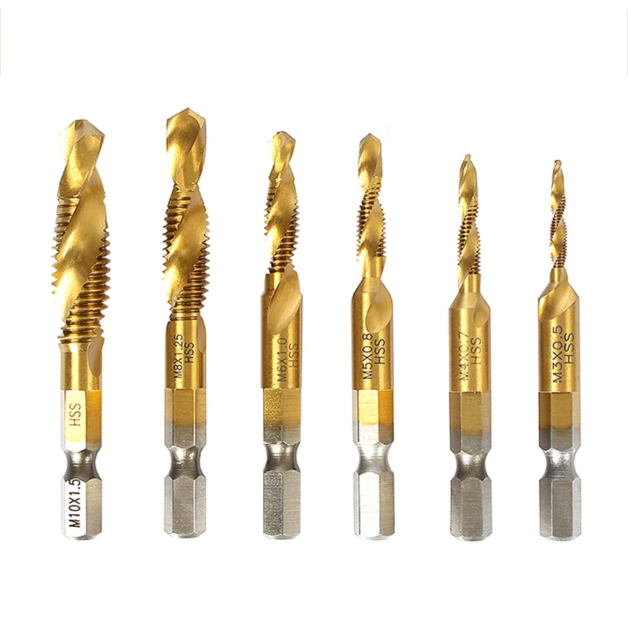 6Pcs Three-In-One ความเร็วสูงเหล็กก๊อก M3 M4 M5 M6 M8 M10ก๊อกเจาะ Chamfering One ชิ้นเกลียว Titanium ชุบก๊อก
