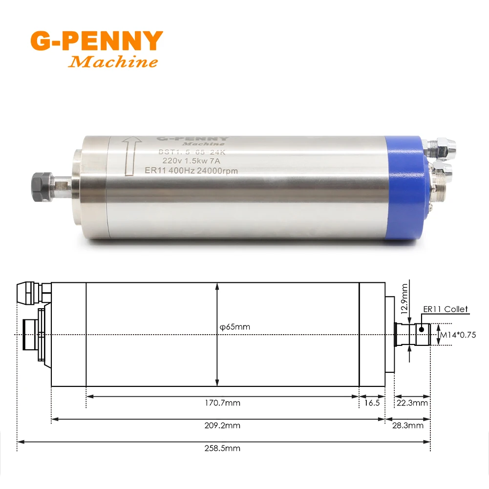 1.5KW ER11 Water cooled spindle motor D=65mm 400Hz CNC Machine &1.5KW QL Inverter/VFD&65mm Aluminium Bracket&75W Water pump