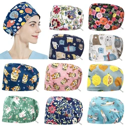 Gorro de enfermera ajustable Unisex con estampado de frutas y animales de dibujos animados multiusos, gorro de pelo de trabajo para dentista médico