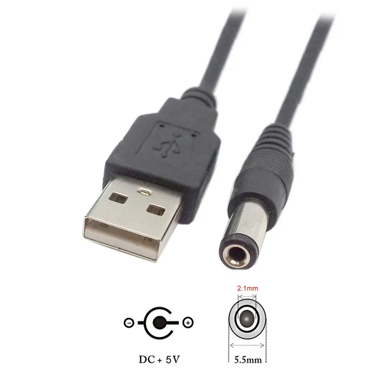 USB to 5.5 mm/2.1 mm 5 V olt DC Barrel Jack Power charge Cable 1m 3ft Elbow 90 Right Angle Design DC power plug USB CABLE