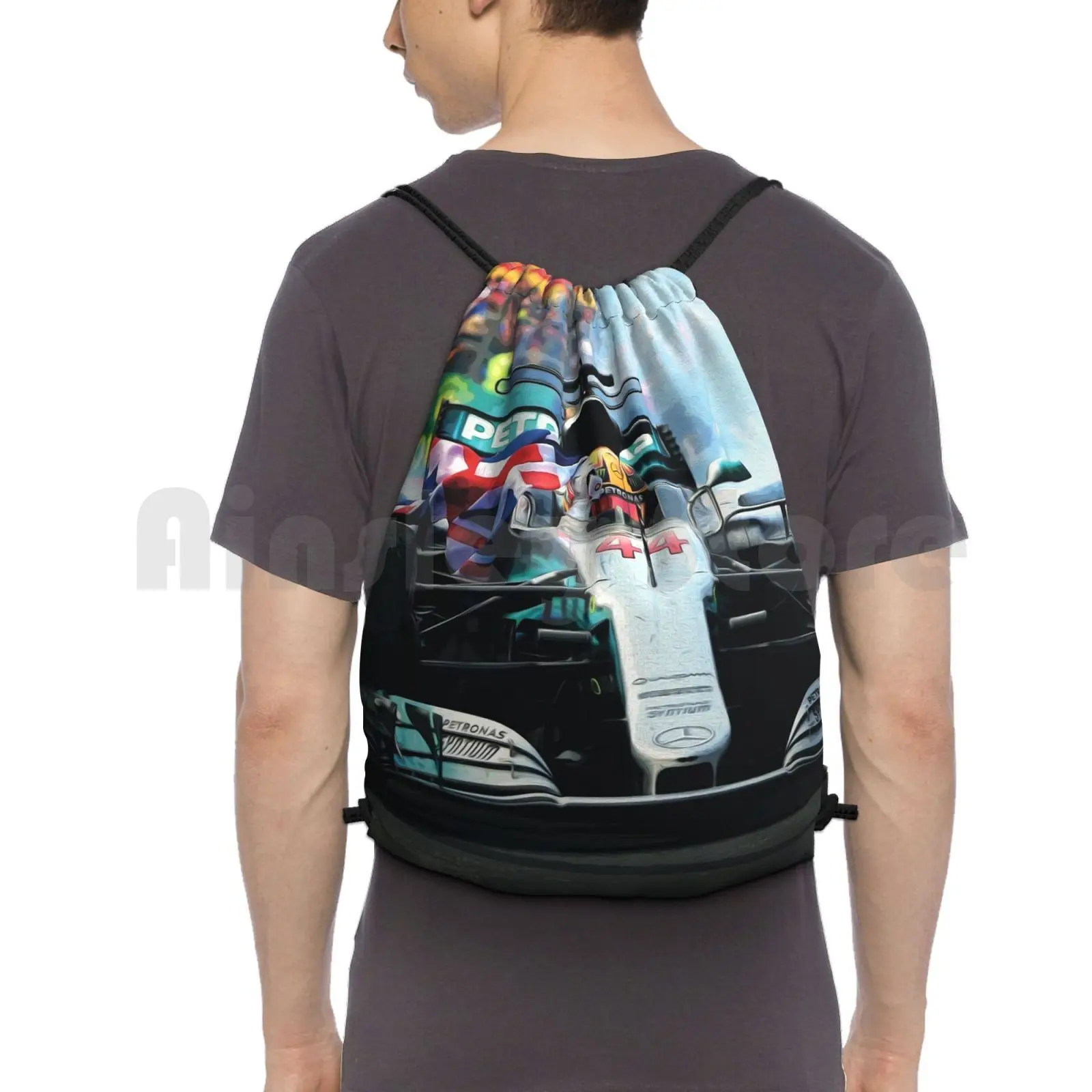 

Lewis Celebrating His 2017 World Backpack Drawstring Bag Riding Climbing Gym Bag Racecar Racing Racecars Sports Fia