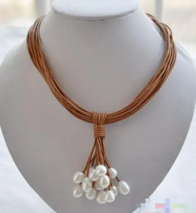 

15row 17" 13mm white rice pearl coffee leather grape necklace