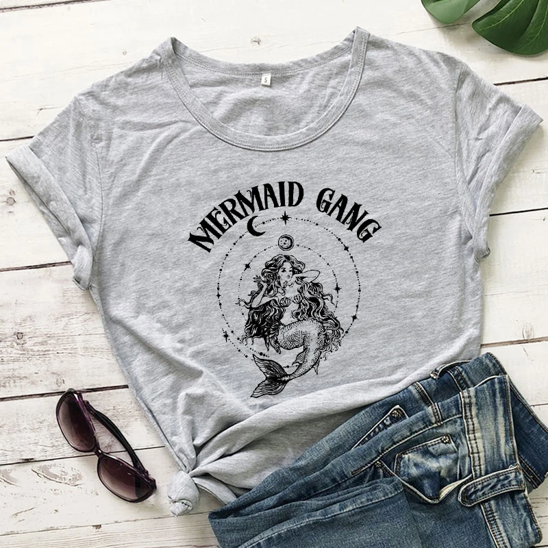 Mermaid Gang 100% Cottton T-shirt Fashion Women Celestial Mermaid Graphic Tee Shirt Top Aesthetic Boho Summer Beach Tshirt Femme