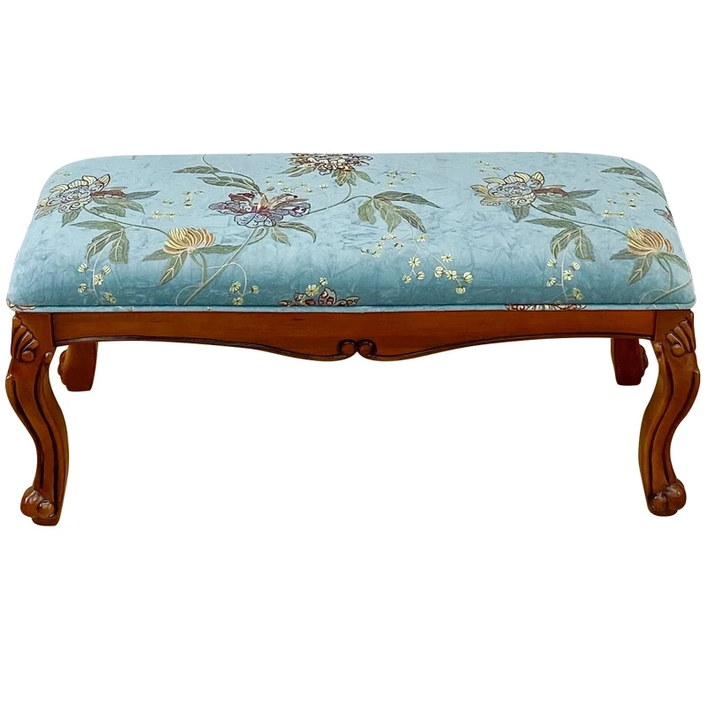 Leather Solid Wood Change Shoes Stool, European Style Footwear Stool, Living Room Sofa Bench, Fabric Bed Stool