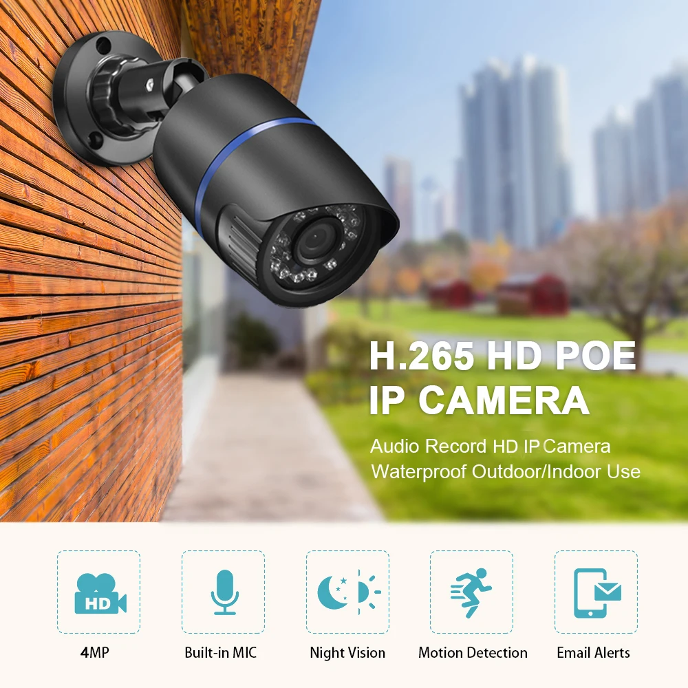 AZISHN H.265 4MP 2560*1440 CMOS Audio IP Camera Waterproof Face Detection Day/Night XMEye P2P CCTV Cam POE48V Z78BS60-4MP