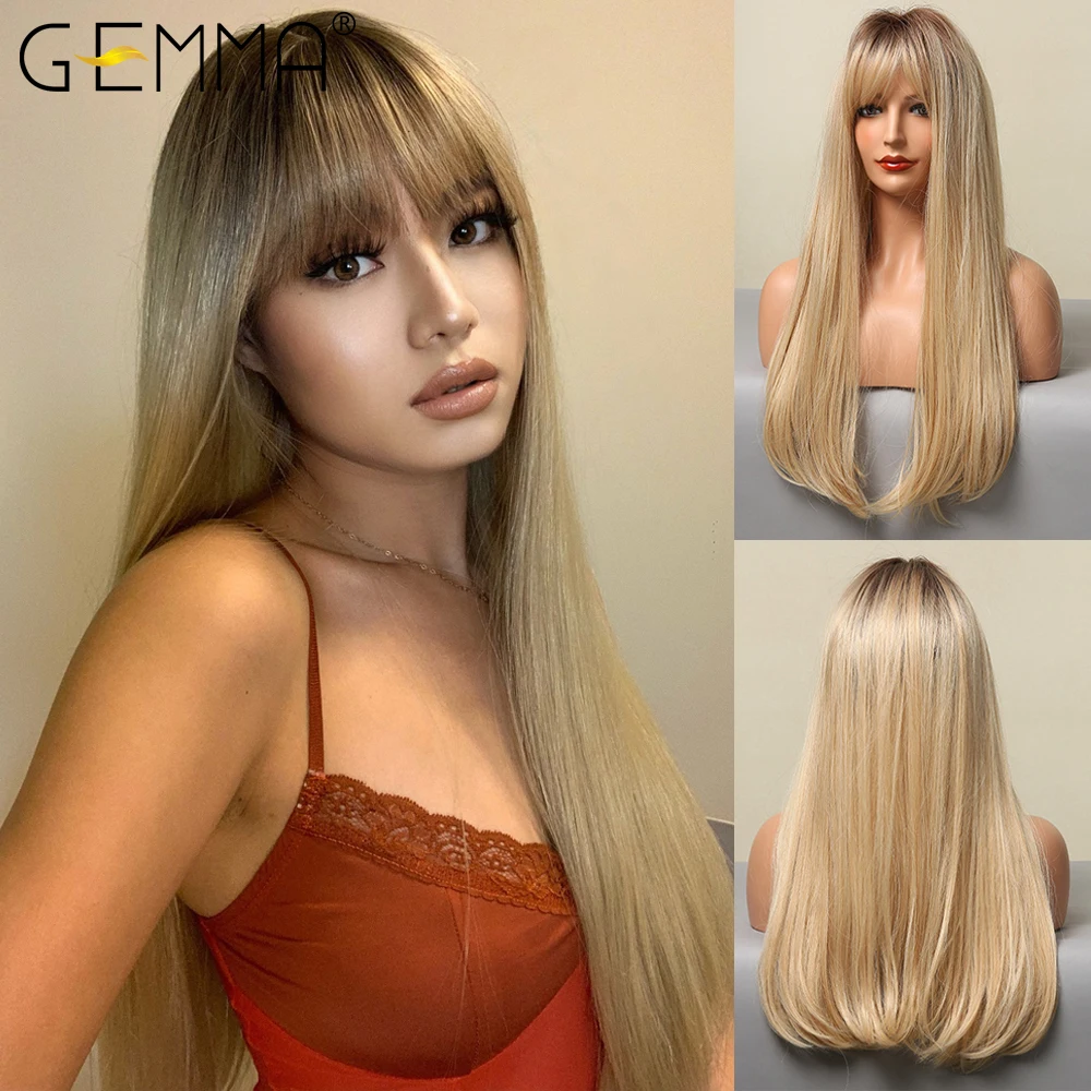 GEMMA Ombre Brown Blonde Golden Synthetic Wig with Bangs Natural Long Straight Cosplay Wigs for Women High Temperature Fake Hair