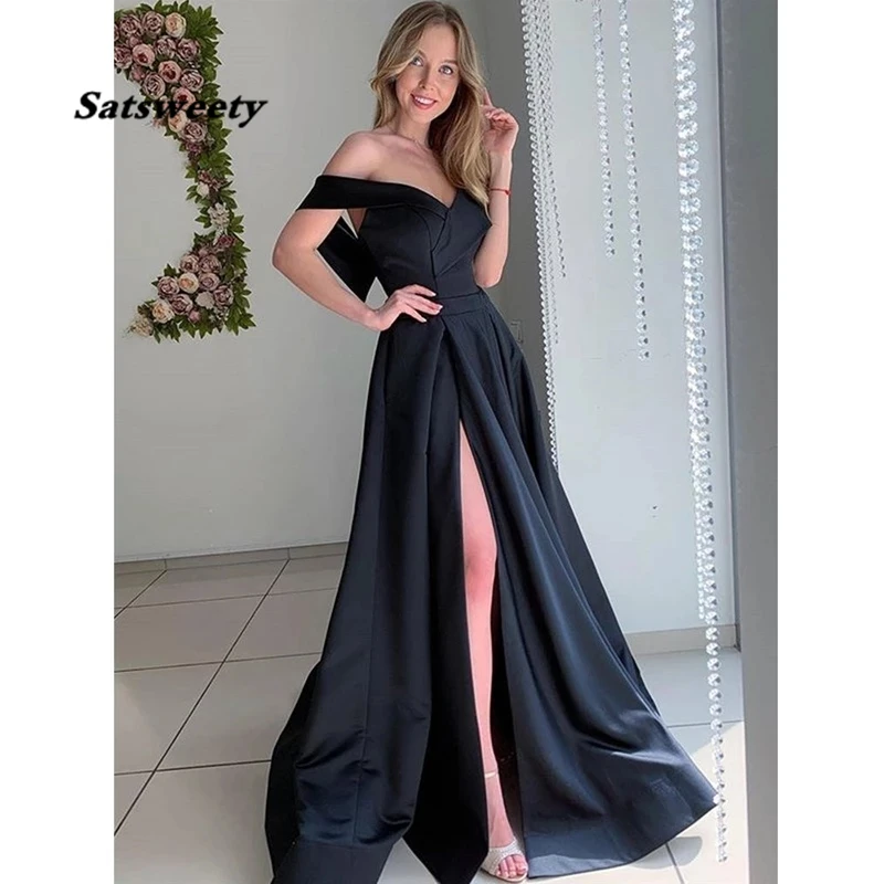 ซาตินสีดำ High Slit ชุดราตรี Elegant ยาวสำเร็จการศึกษาชุดปิดไหล่พลัสขนาดผู้หญิงพรหมชุด vestidos