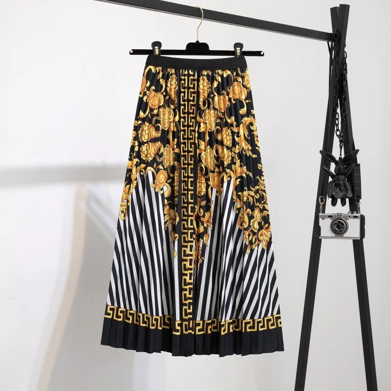 High Waist Pleated Harajuku null Skirts faldas Summer European Flower Printed Long Skirts for Women Mid-Calf Skirt Faldas Larga