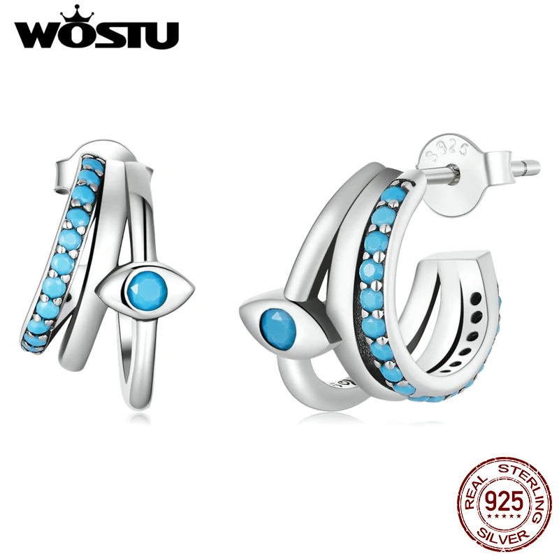 WOSTU Real 925 Sterling Silver Green Turquoise Devil Eye Multi-layer Stud Hook Earrings For Women Luxury Fine Jewelry Gift E571