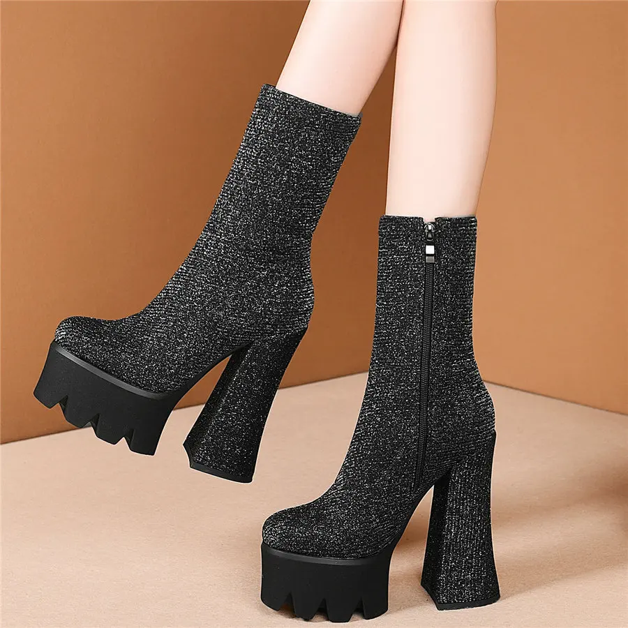 Casual Shoes Women Stretchy Velvet stocking High Heel Pumps Shoes Female High Top Round Toe Chunky Platform Motorcycle Boots