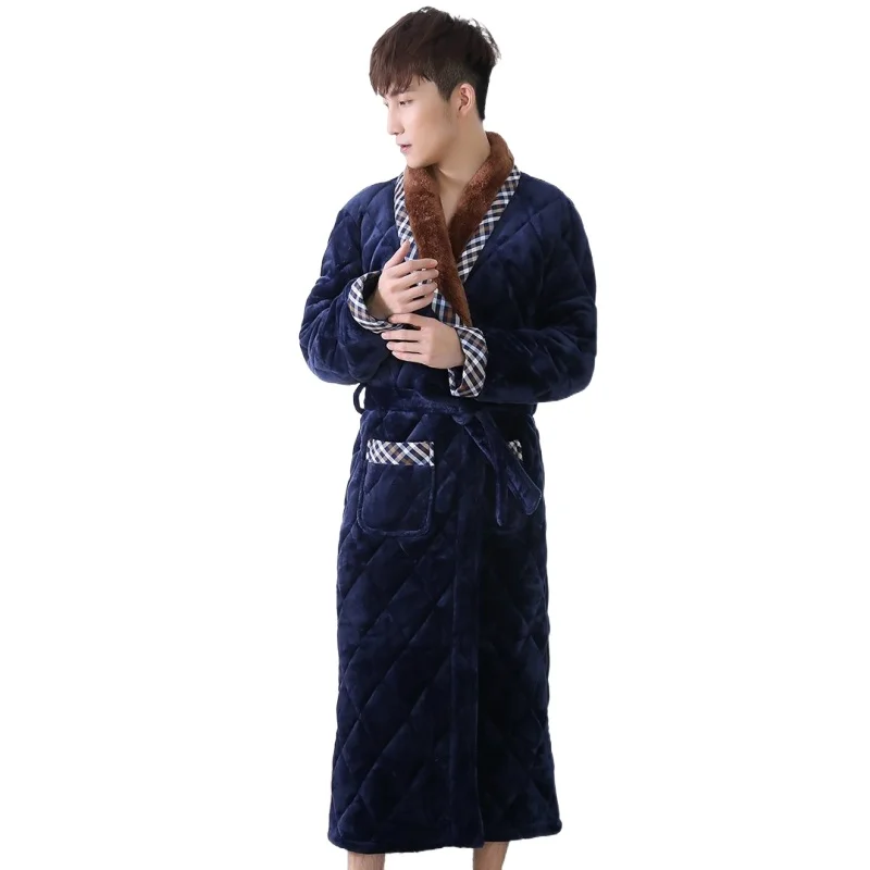 

Winter Men Three Layers Quilted Bathrobe Thick Flannel Robe Sleepwear Big Yards XXXL Kimono Stitching Bathrobes Male Warm Lounge