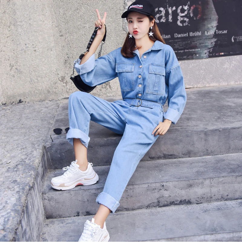 New Casual Stretwear Denim Jumpsuit Women Loose Wide Leg Jean Rompers Belt Baggy Pants Dungarees High Waist Long Sleeve Overalls