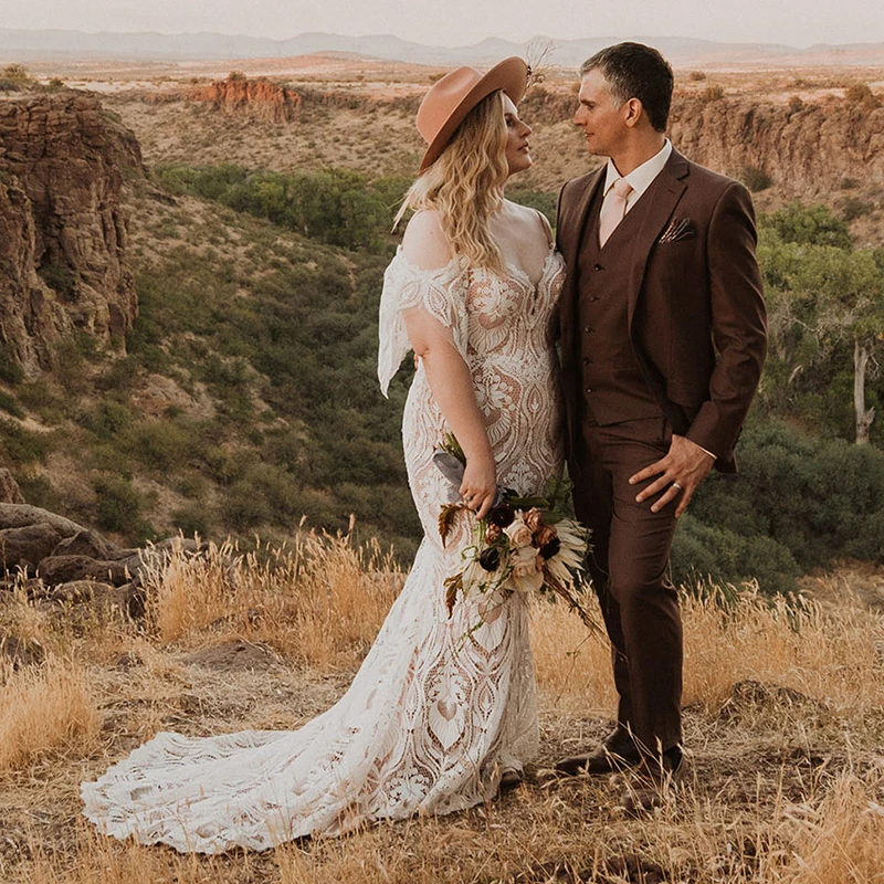 Gaun Pengantin Boho Renda Tali Spaghetti Sweetheart Gaun Pengantin Boho Dibuat Sesuai Pesanan Ukuran Besar Punggung Terbuka Lengan Potong Gaun Pengantin Pedesaan