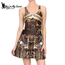 [You're My Secret] Sexy Sleeveless Women Dresses Steampunk Style 3D Printed Dress Summer Knee-Length Pleated Mechanical Gear