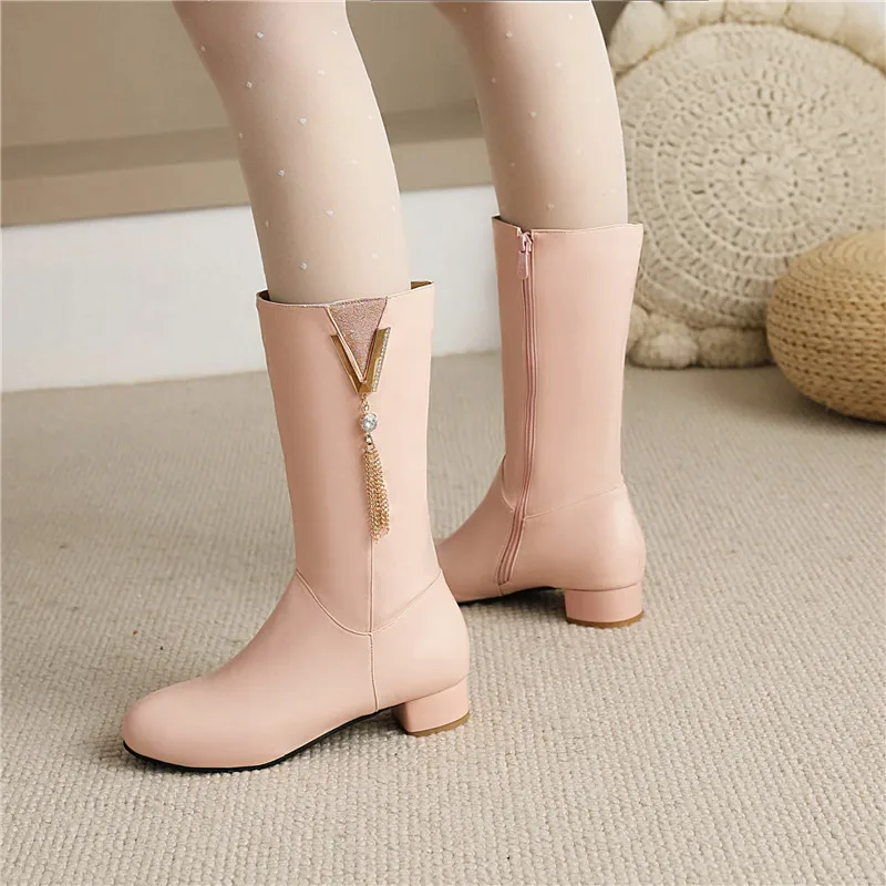 YQBTDL Sweet V-shaped Crystal Pendant Mid-calf Boots Ladies Lolita Style Long Botas Low Heel spring 2024 Princess Shoes Size 43