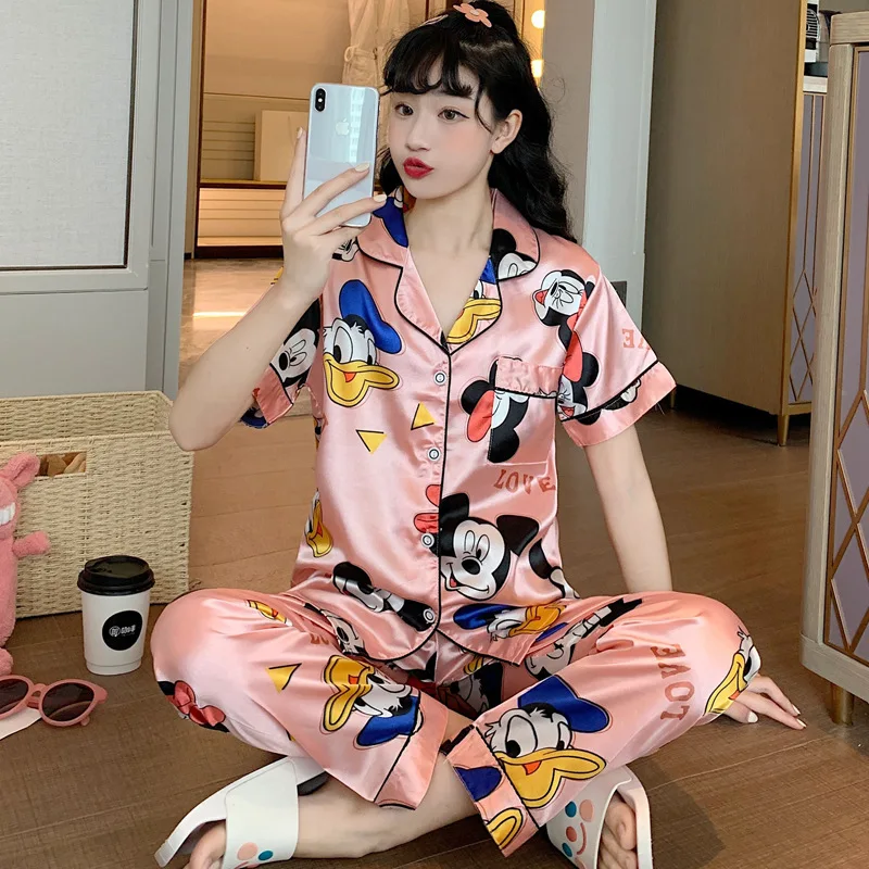 Mickey and Minnie Princess print pajamas women summer ice silk short-sleeved trousers thin summer silk home service suit