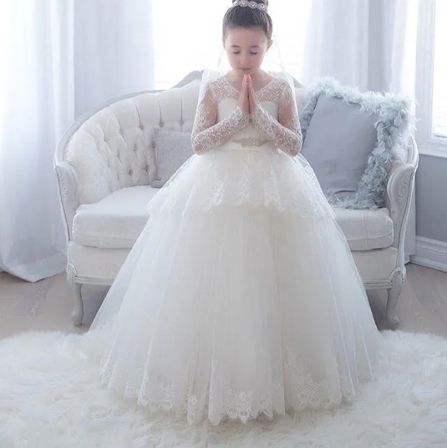 

Flower Girl Dress Puffy Lace Applique Sleeveless Tulle Party Dress Girl First Communion Eucharist Attended Prom Dresses