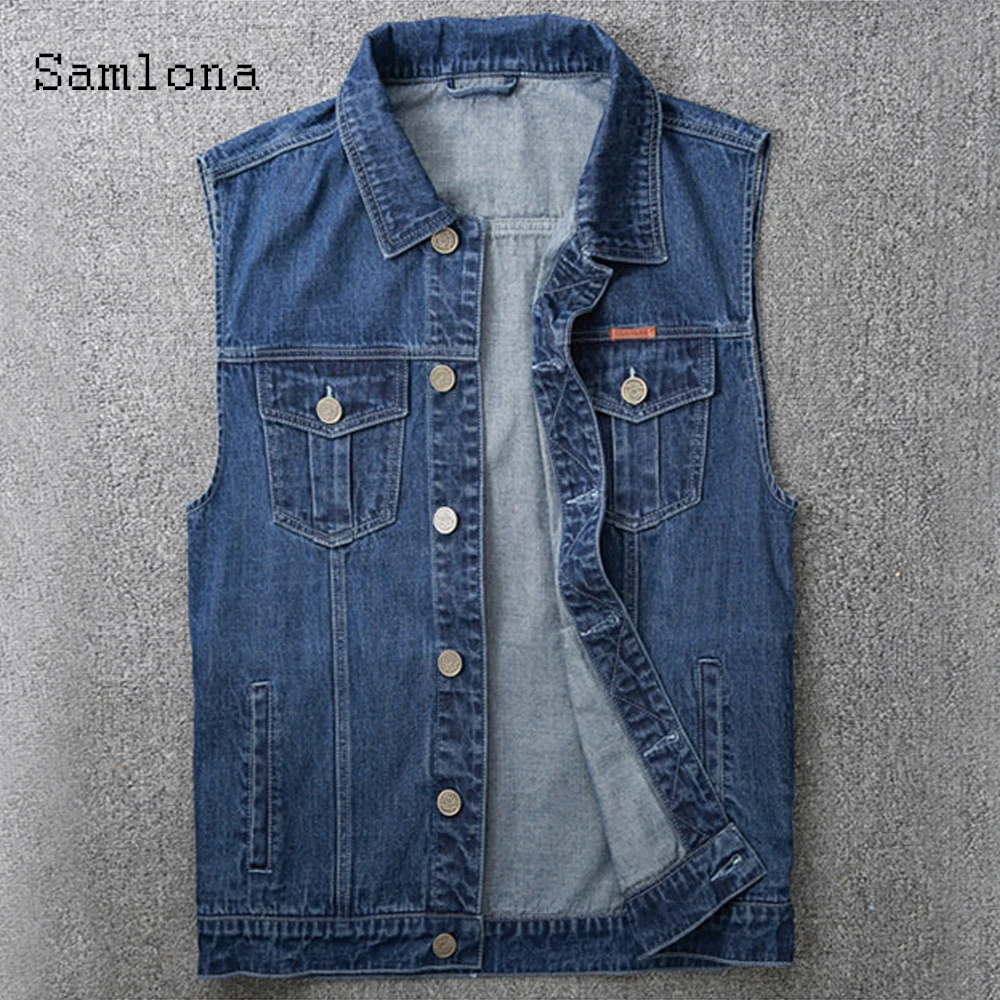 Samlona Plus Size Men Denim Jackets Sleeveless Jean Mens Fashion 2022 Single breasted Vest Coats Solid Blue Casual Jeans Jacket