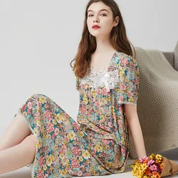 Chemise de nuit en coton à manches courtes pour femmes, vêtements d'intérieur, dentelle florale, longue robe en span, chemise de nuit décontractée pour dames, été