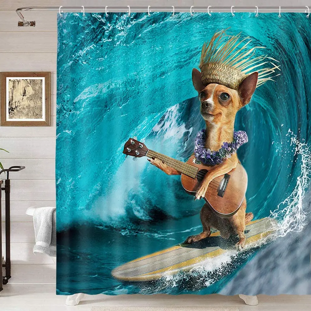 Funny Animals Cool Dog Surfing In Ocean Wave Shower Curtain Set Tropical Hawaiian Teal Sea Waves