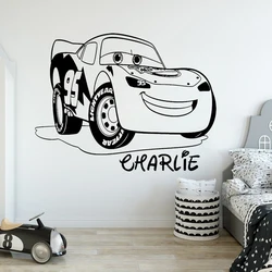 Lightning Racing Car Personalised Name Wall Sticker Vinyl Cartoon Car Wall Decal Custom Name Boys Kids Room Decor C344