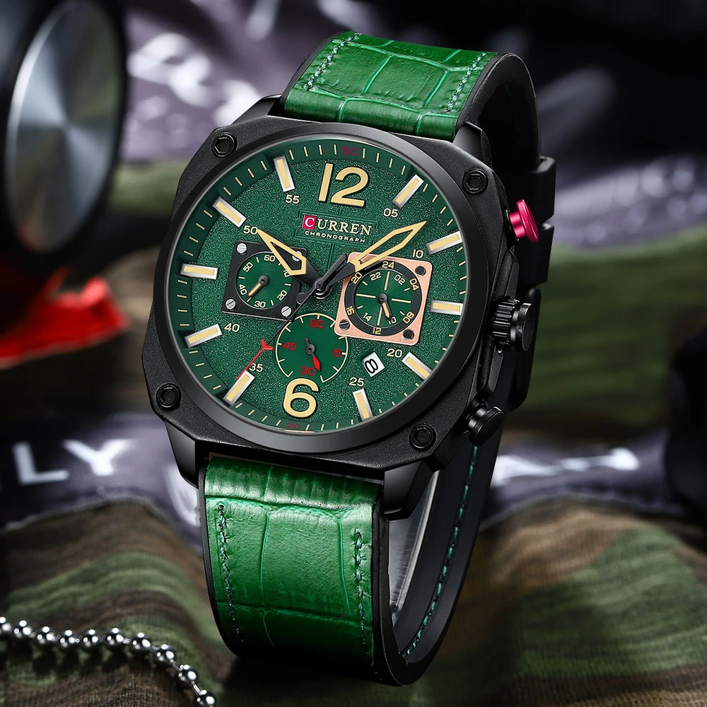 CURREN Brand Watches Business Men Luxury Chronograph and Date Wristwatches New Green Male Clock with Luminous