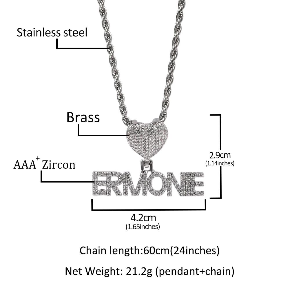 TBTK Custom Mini Initial Letter With Heart Bail Pendant Micro Paved CZ Personalized Name Plate Necklace Hiphop Jewelry