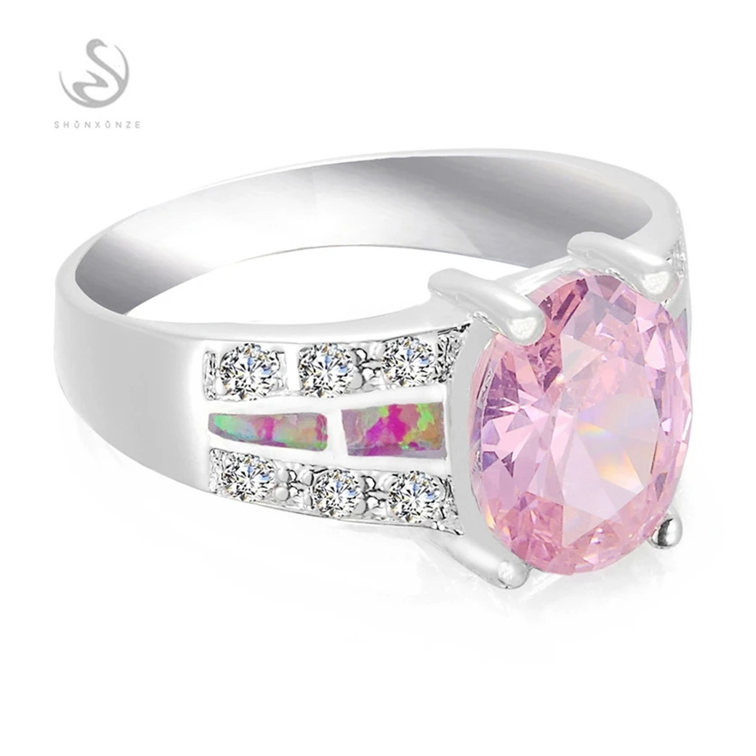 SHUNXUNZE Charm Wedding Rings Jewelry & Accessories For Women Pink Opal And Pink Cubic Zirconia Rhodium Plated R109 Size 6 7 8 9