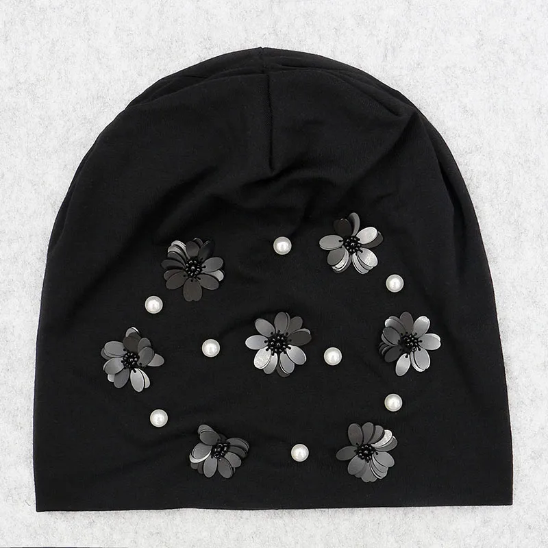 GZhilovingL Women Pearls Flower Hats Soft Spring Thin Slouch Skullies Beanies hats Caps 2020 New Ladies Girls Black Winter hats