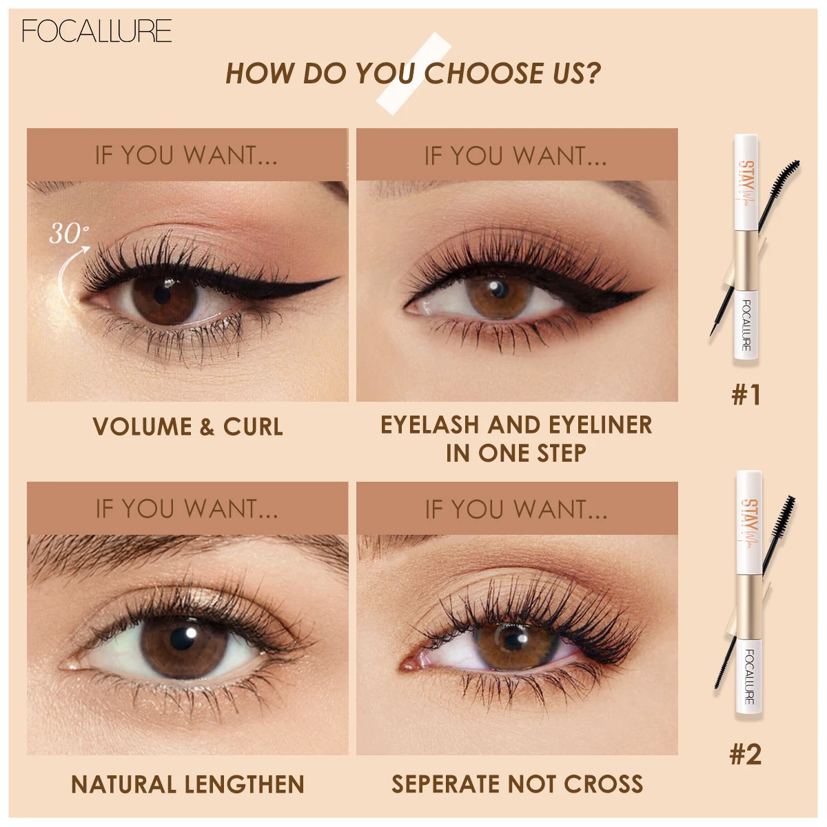 FOCALLURE 2 In 1 Waterproof Black Mascara Eyelash Lengthening Curling Eyes Eyelash Extension Eyeliner Enchancer Makeup Cosmetics