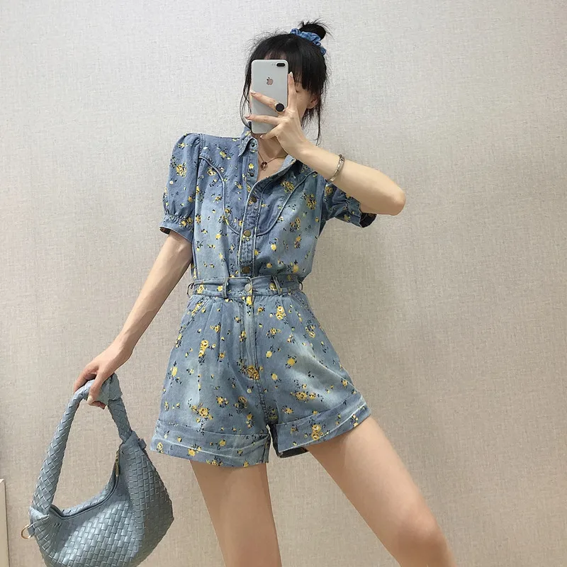 BLLOCUE Summer Flower Print Denim Casual Suit Women Puff Sleeve Single-breasted Shirt Top+High Waist Wide Legs Shorts 2Piece Set