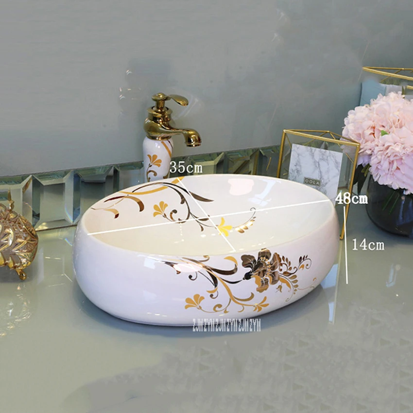 JS-B0063 European Style Art Beautiful Flowers Oval Basin Handmade Ceramics Sink Hand Washing Basin Bowl Above Counter Basin