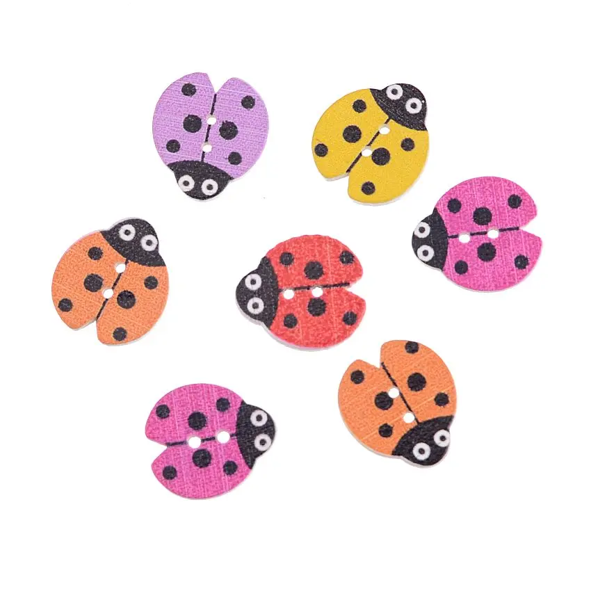 Free Shipping Retail 10Pcs Random Mixed Lovely Cartoon Ladybug 2 Holes Multicolor Wood Sewing Buttons Scrapbooking 18mmx16mm